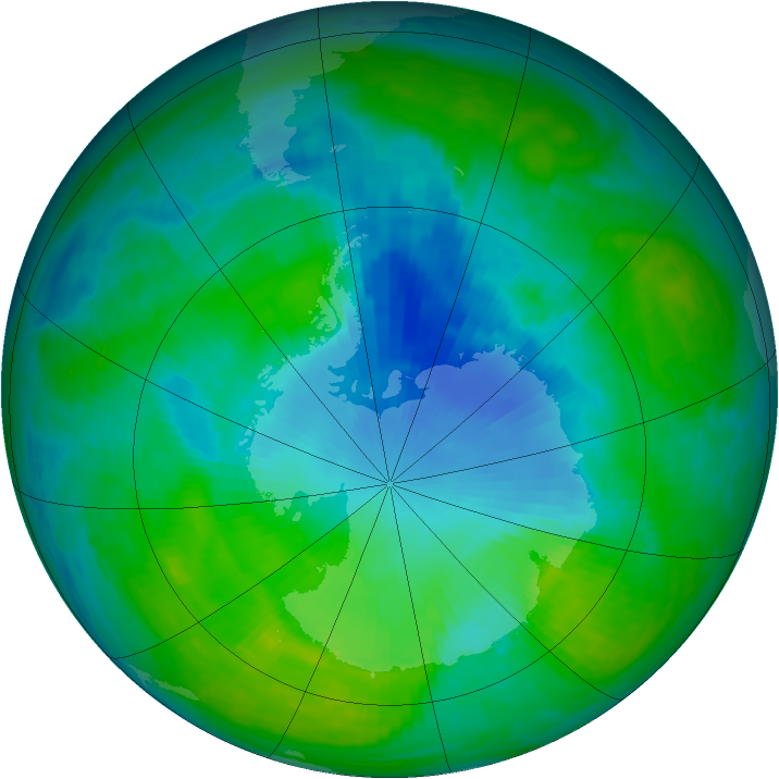 Antarctic ozone map for 13 December 1990